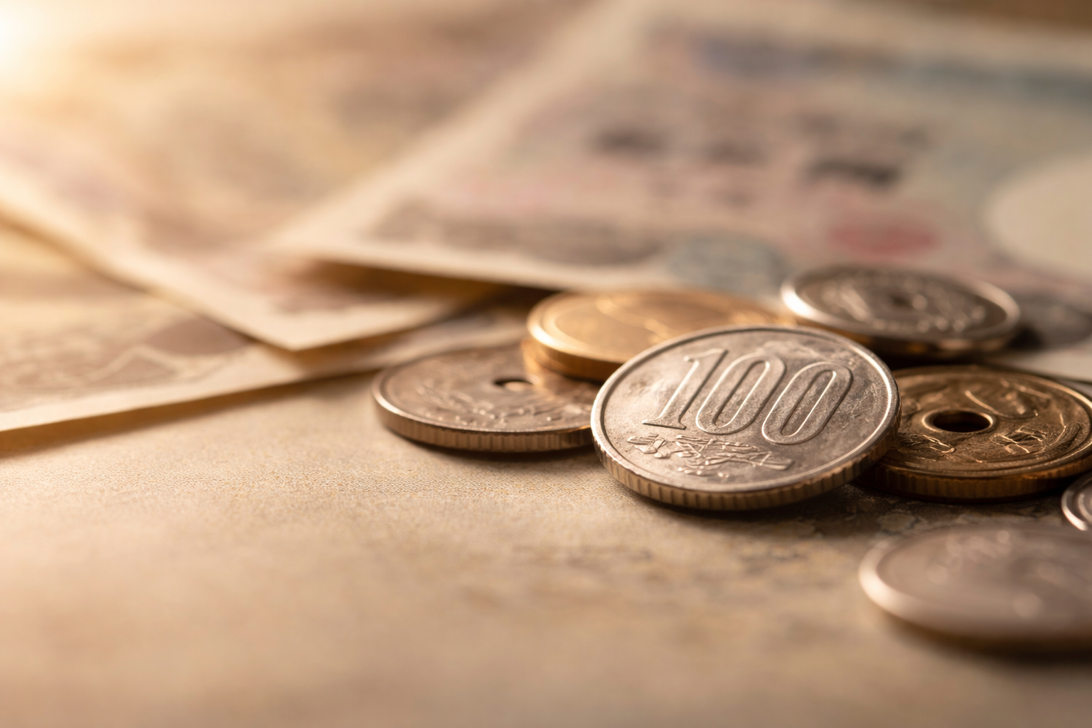 Close-up photograph of Japanese yen coins in soft golden light, with shallow depth of field creating soft-focus background textures.