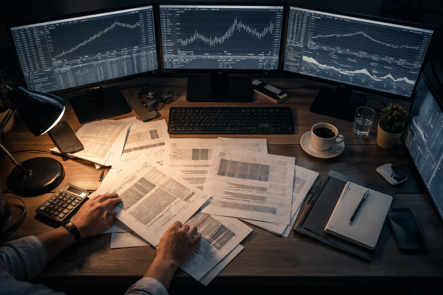 Overhead view of a busy financial trading desk with illuminated computer screens, scattered papers, and a trader's hands working among the materials.