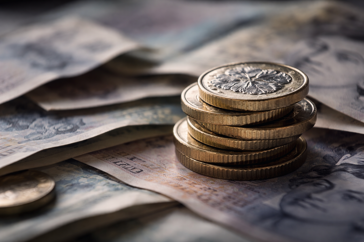 A close-up photograph of British currency—coins and notes—arranged to show texture and depth, lit with soft directional light that creates subtle shadows and highlights the materiality of the money.