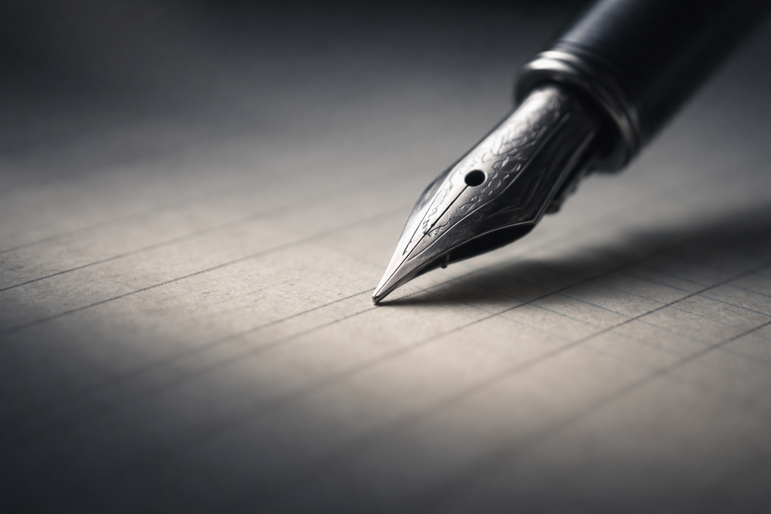 Macro shot of a fountain pen resting on aged ledger paper with soft directional lighting and shallow depth of field.