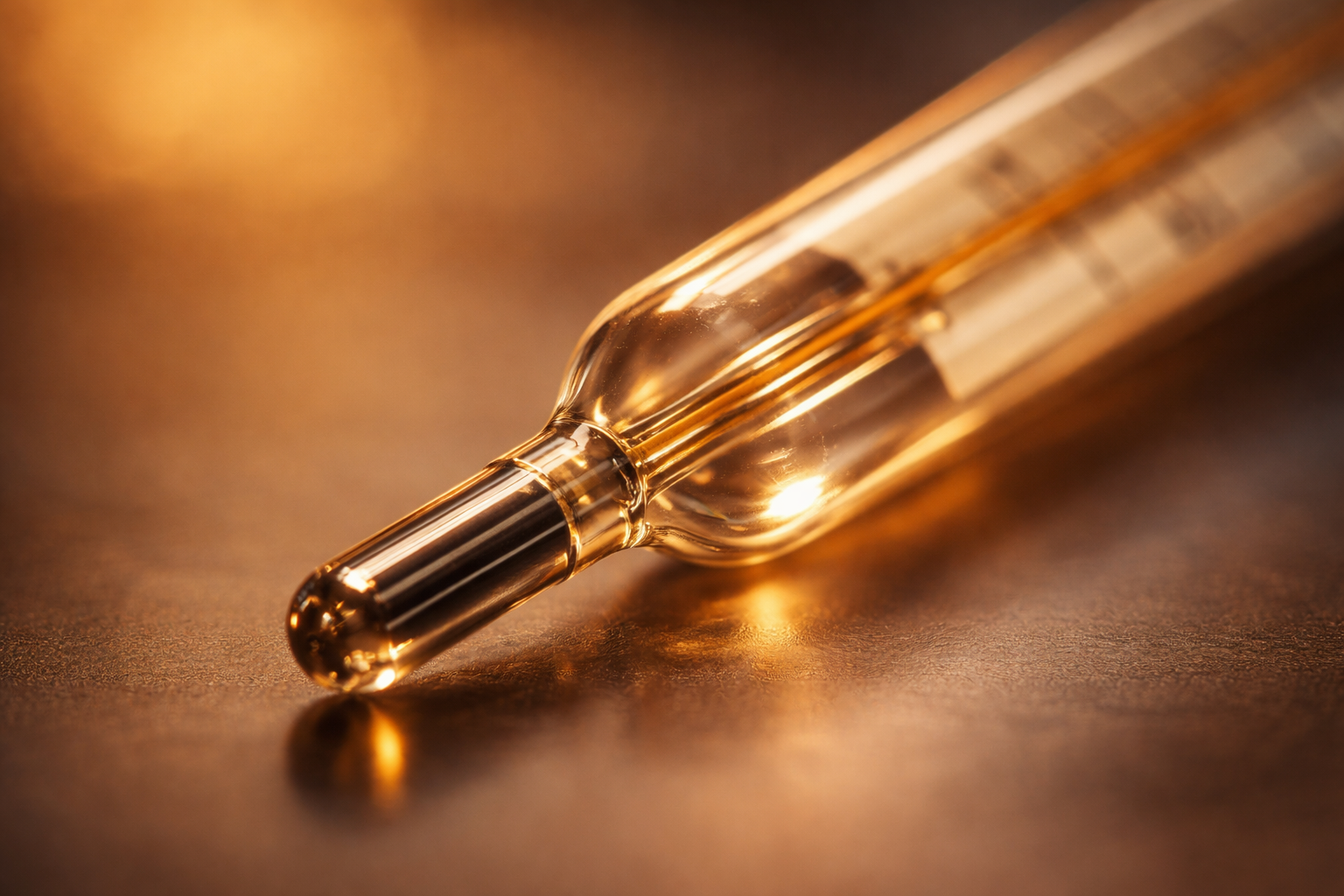 Extreme close-up of a thermometer's glass bulb illuminated by warm light, with the liquid inside catching a soft amber glow against a blurred background.