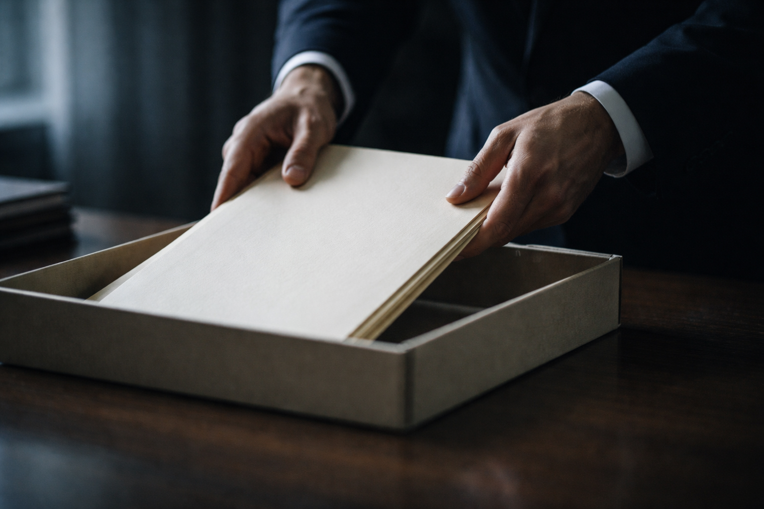 Close motion-detail of anonymous suited hands sliding an unmarked cream archival folder into a box on a wooden desk, with soft cool window light and slight motion blur; lower third of the frame is empty.