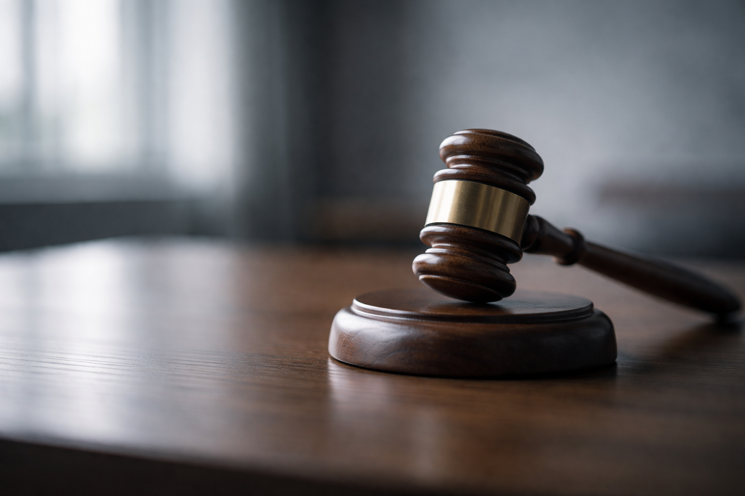 A wooden gavel lies on a polished wooden desk surface, lit by soft natural light in muted tones, suggesting a formal institutional setting where decisions are made.