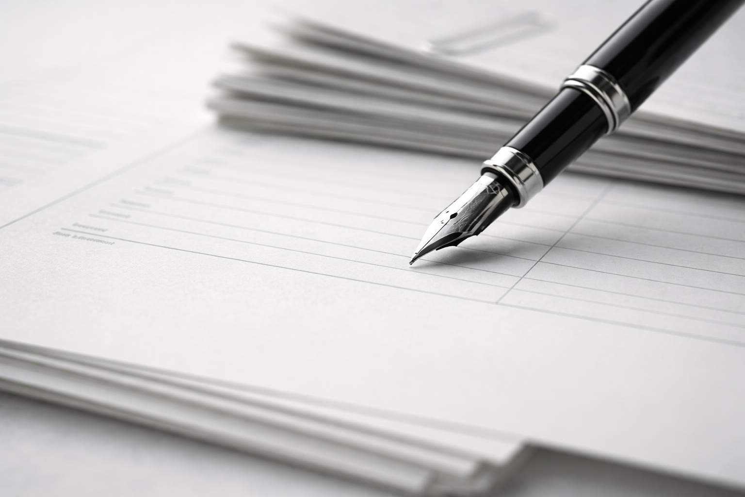 A fountain pen rests on top of layered blank administrative forms and papers, photographed in close-up with soft focus and neutral lighting.