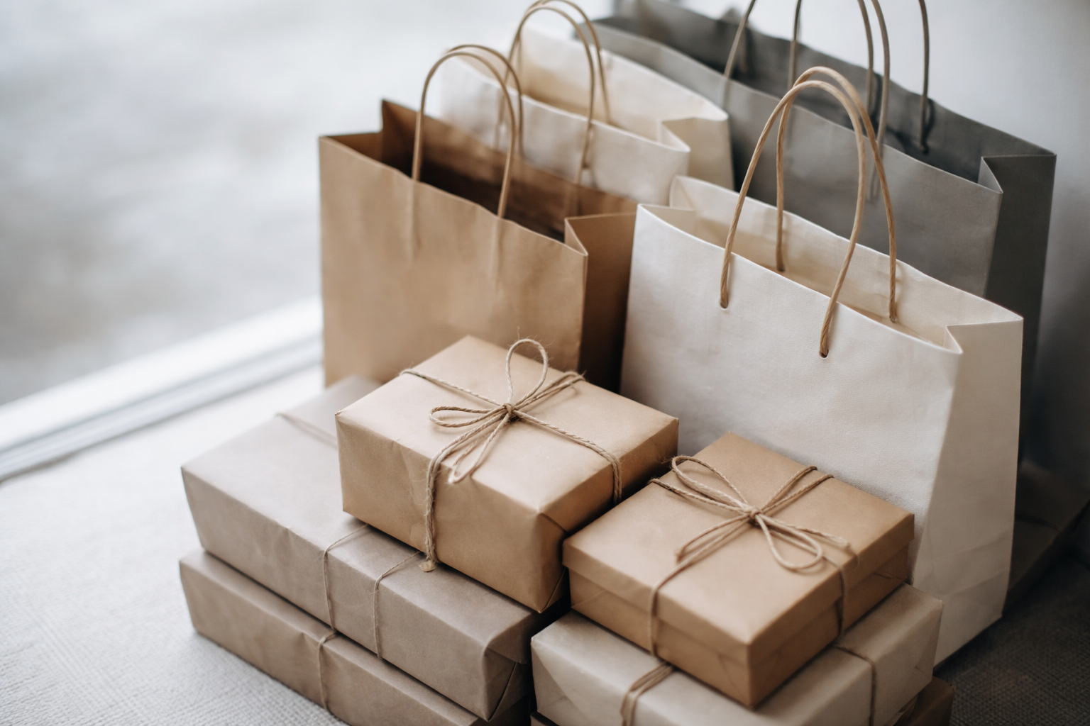 Stacked shopping bags and wrapped parcels arranged overhead in soft natural light, suggesting retail commerce and consumer purchasing activity.