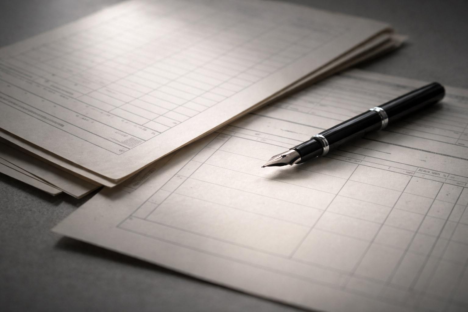 A fountain pen lies across stacked blank official documents and ledger pages, lit by soft natural light that creates subtle shadows across the paper texture.