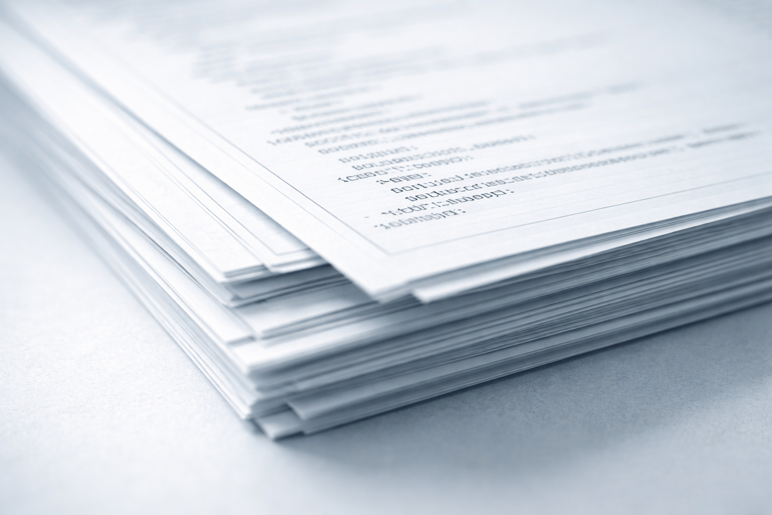 Macro photograph of layered technical documentation pages in soft focus, emphasizing the texture and depth of prepared regulatory materials.