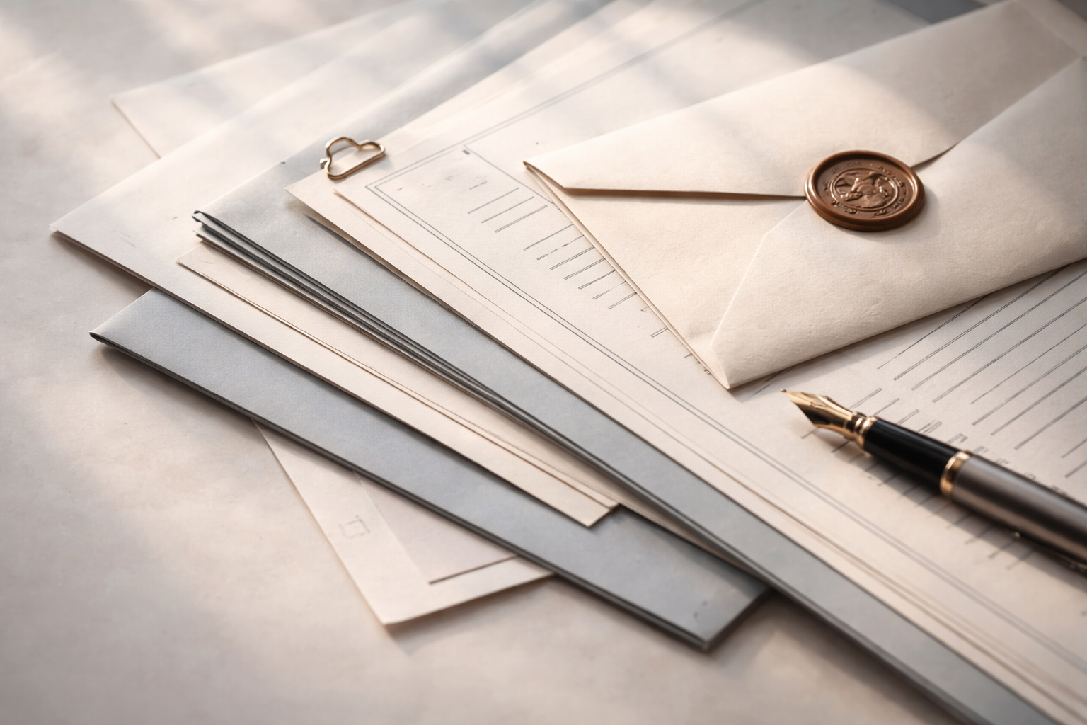 Overlapping official documents and papers arranged on a surface, photographed from above with soft lighting and a fountain pen nearby.