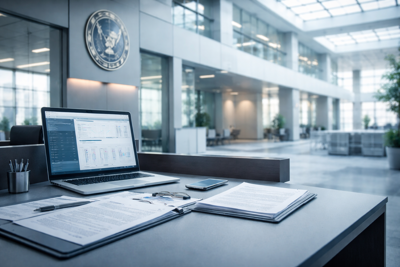 A modern institutional office desk with documents and a computer, representing the SEC's regulatory transition from paper to digital delivery methods.