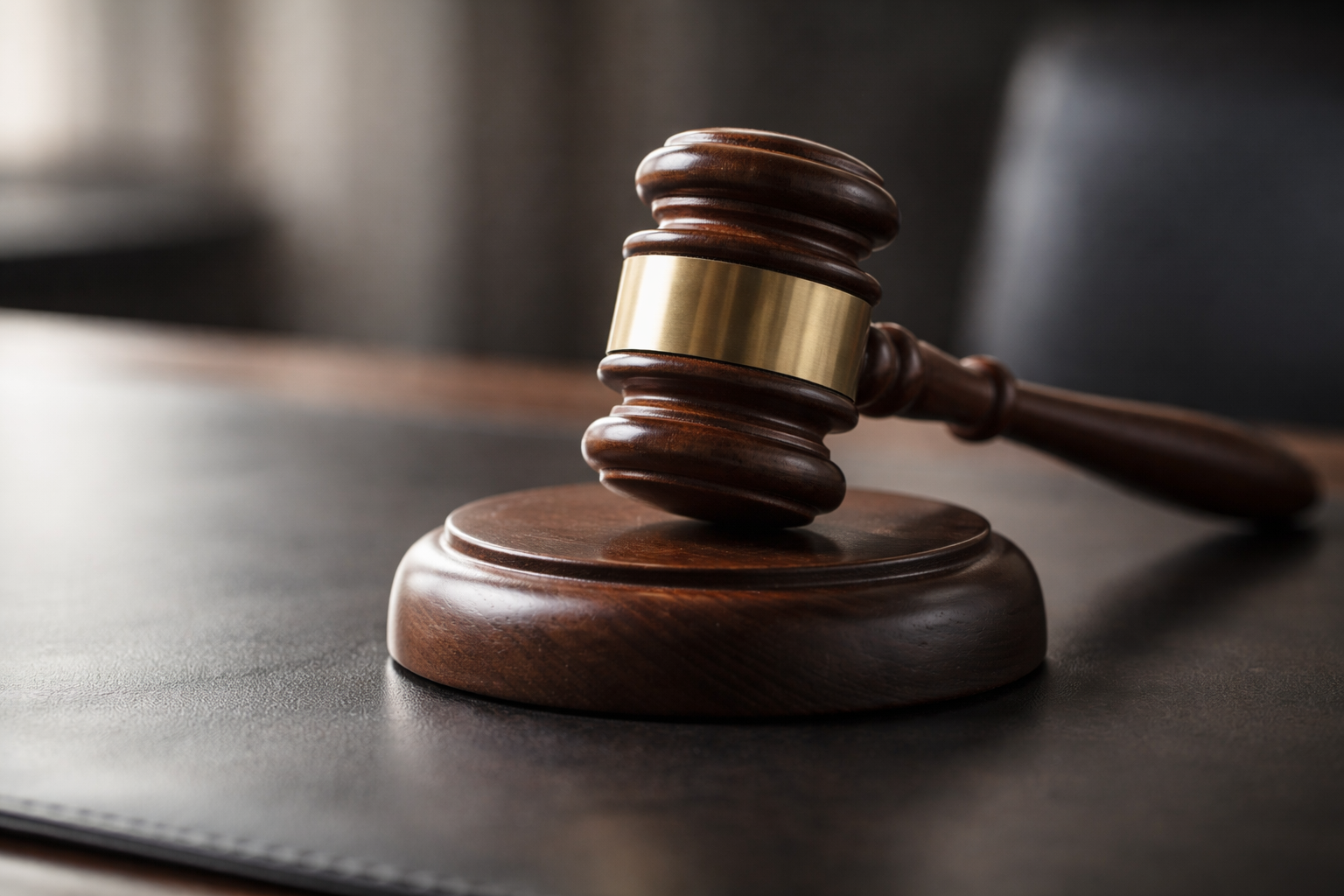 A wooden gavel photographed in close-up on a leather surface with soft directional lighting and shallow focus, conveying institutional authority and formal legal proceedings.