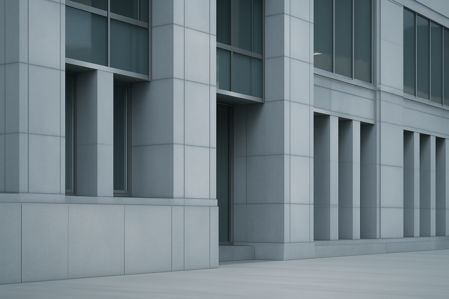 A modern government building photographed in daylight, showing architectural elements in neutral tones, with empty space in the lower portion of the frame.