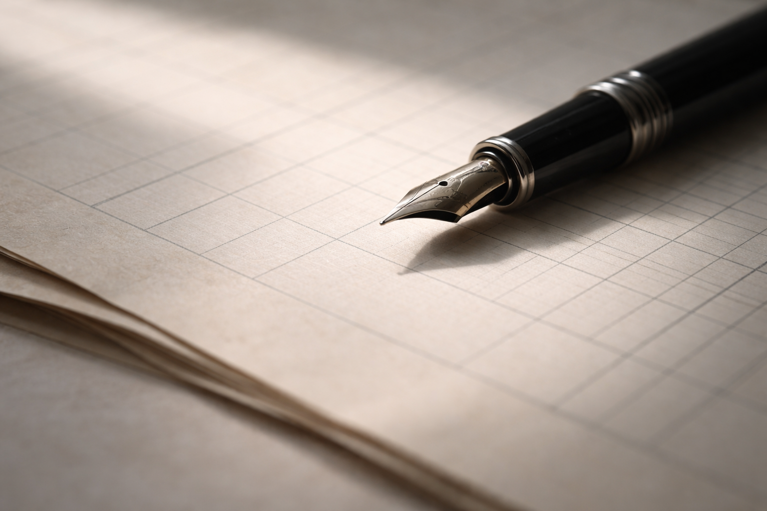 A fountain pen lies on cream-coloured ledger paper in soft natural light, casting fine shadows across the textured surface.