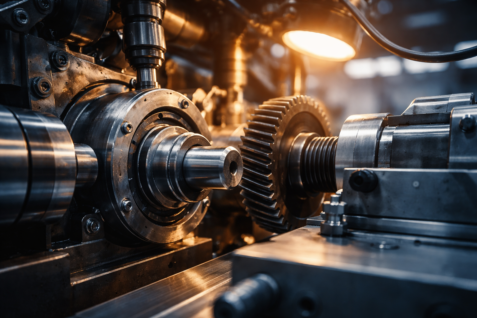 Close-up detail of industrial machinery and metal components with depth of field, lit with warm and cool tones against blurred background.
