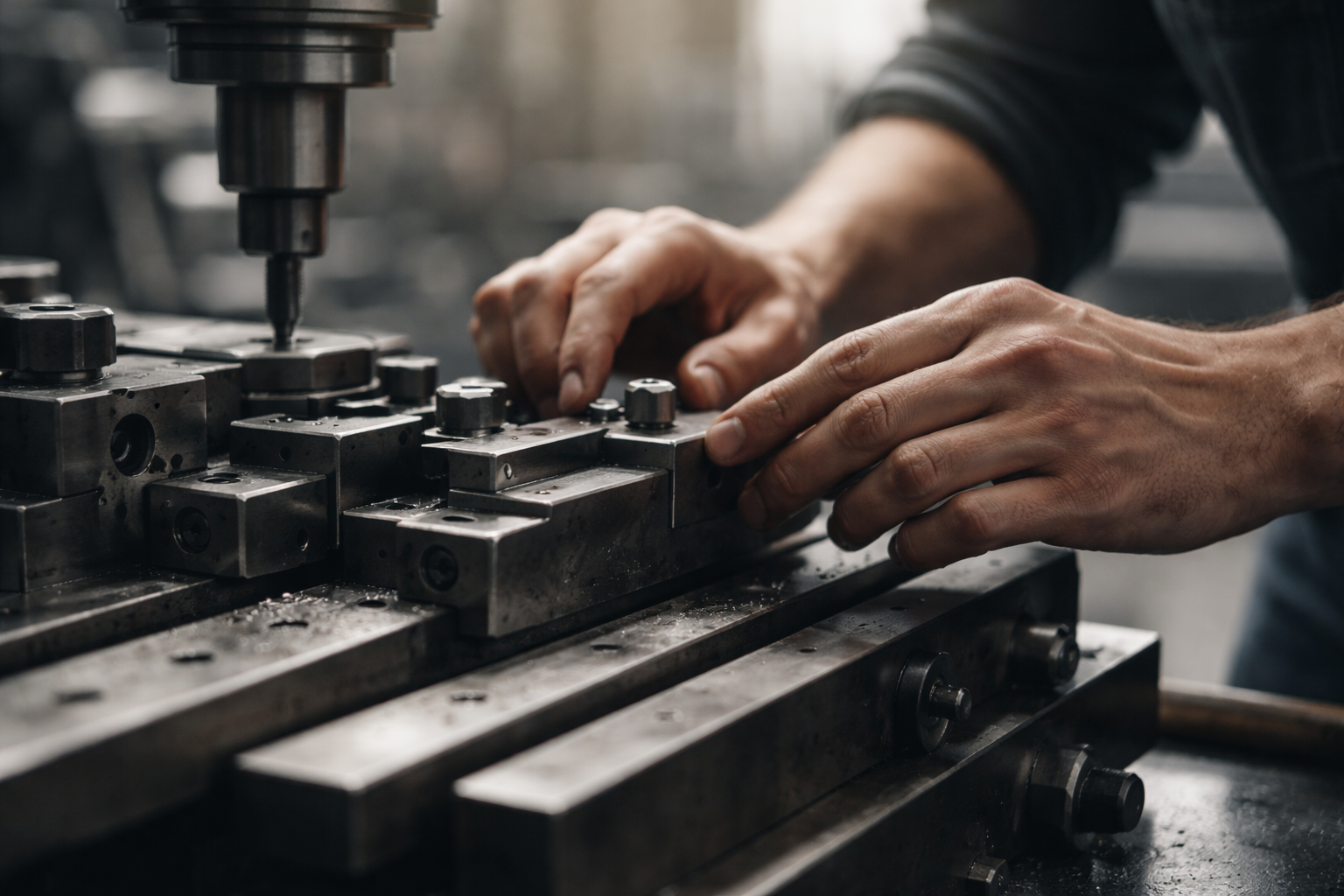 A factory worker's hands positioned at an industrial machine, captured in soft light with shallow focus emphasizing metal textures and precision manufacturing.