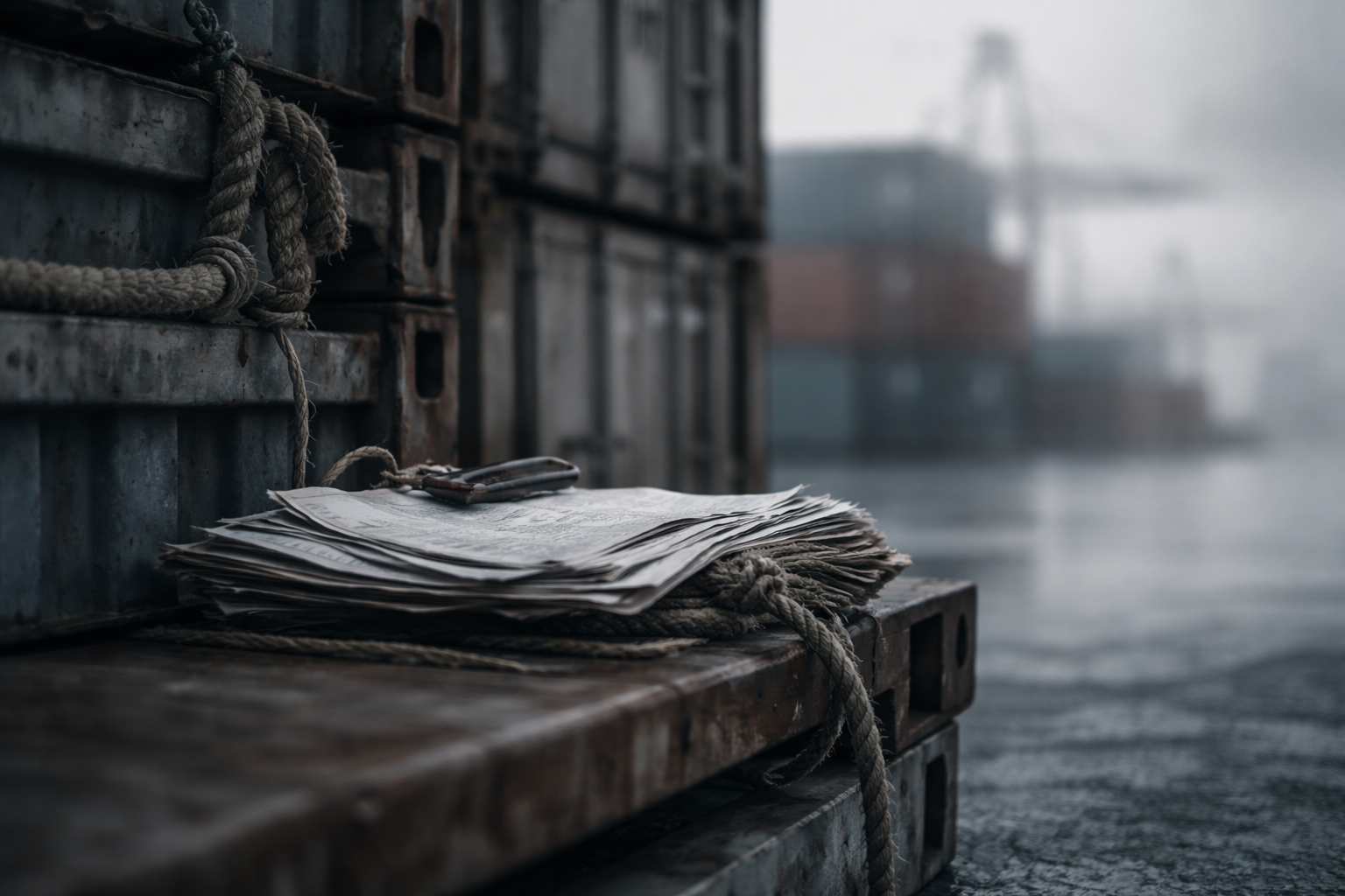 Stacked shipping containers and trade documents photographed in soft focus, suggesting international commerce and logistics.