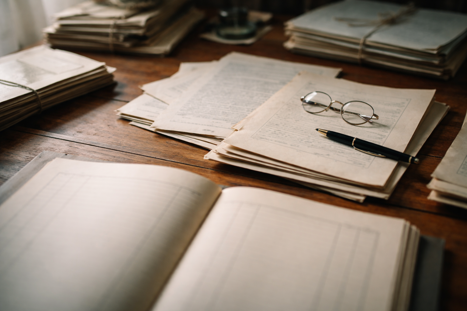 A wooden desk photographed from above, showing scattered archival documents, a fountain pen, and an open ledger bathed in soft daylight, with papers fading into soft focus below.