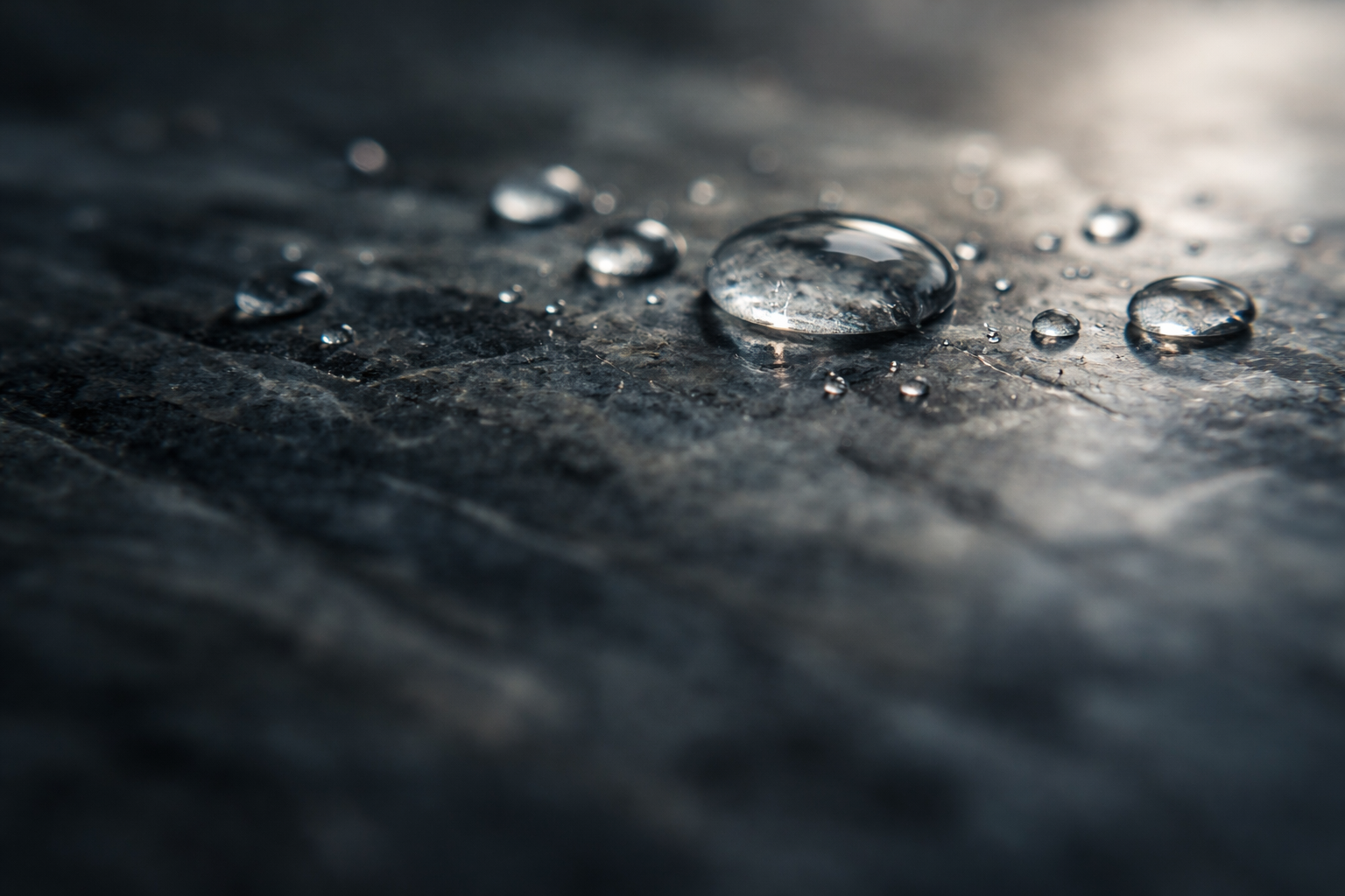 Macro photograph of water droplets on a smooth stone surface, reflecting soft light across grey and charcoal tones.