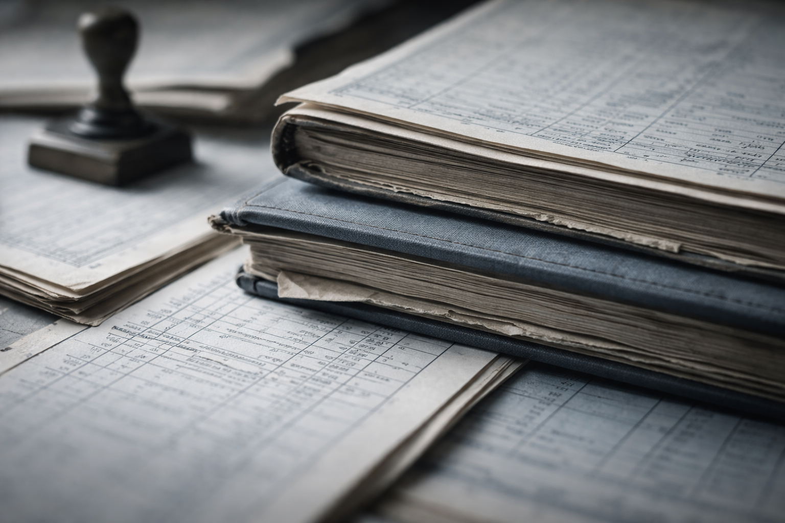 Stacked archival documents and financial ledgers photographed in soft natural light, with shallow focus and muted blue-grey tones.