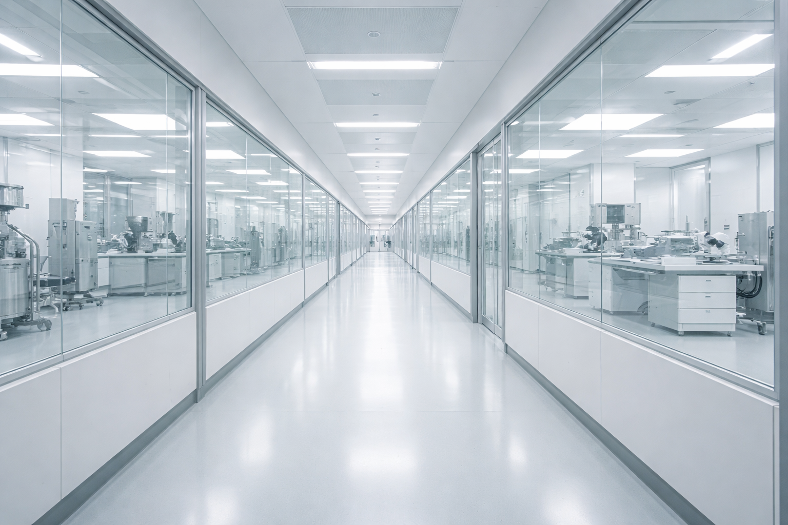 A wide view down a modern glass-partitioned laboratory corridor with soft lighting and clean architectural lines.
