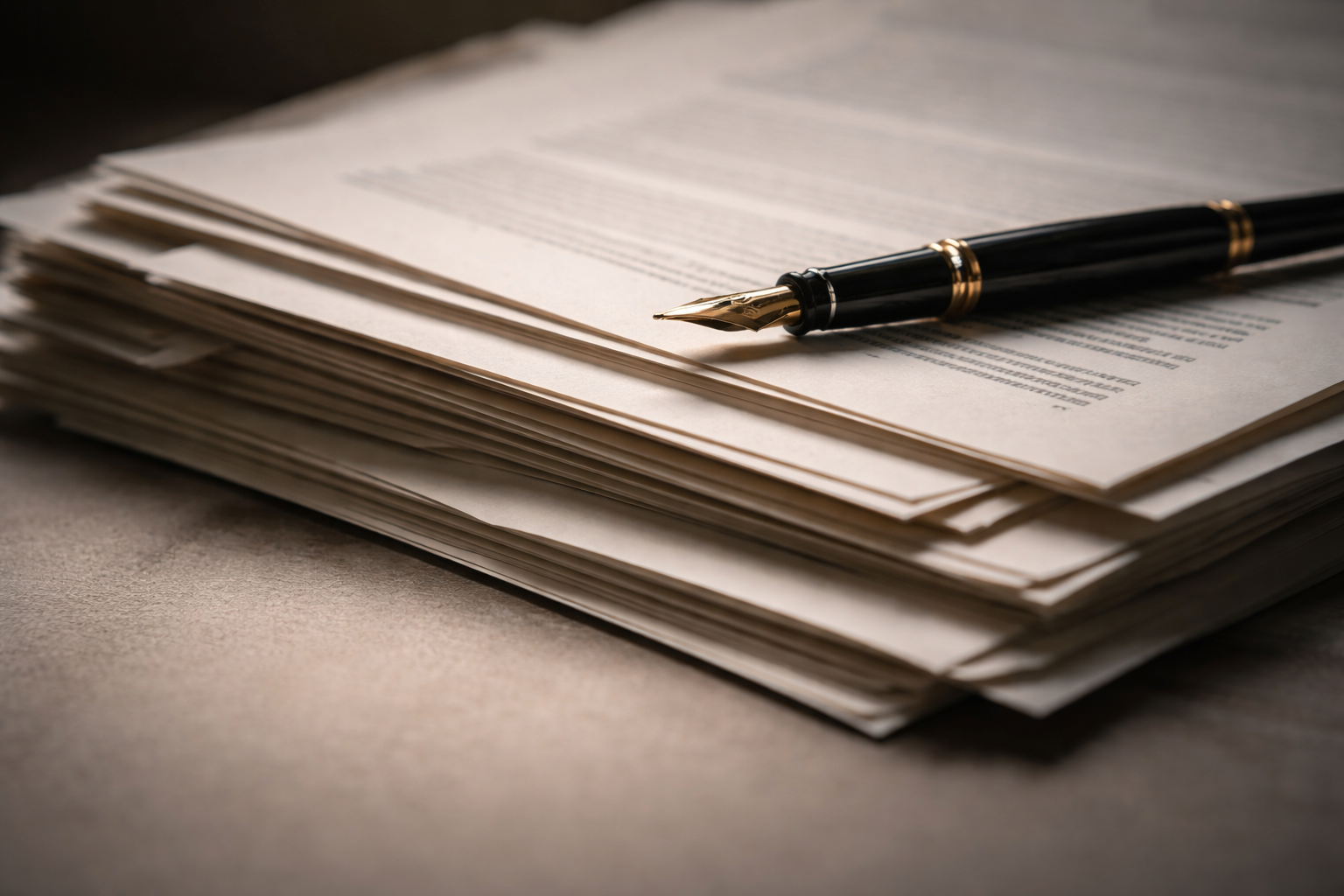 Stacked official documents with a fountain pen lying across them, photographed in soft light with shallow depth of field emphasizing the paper texture.