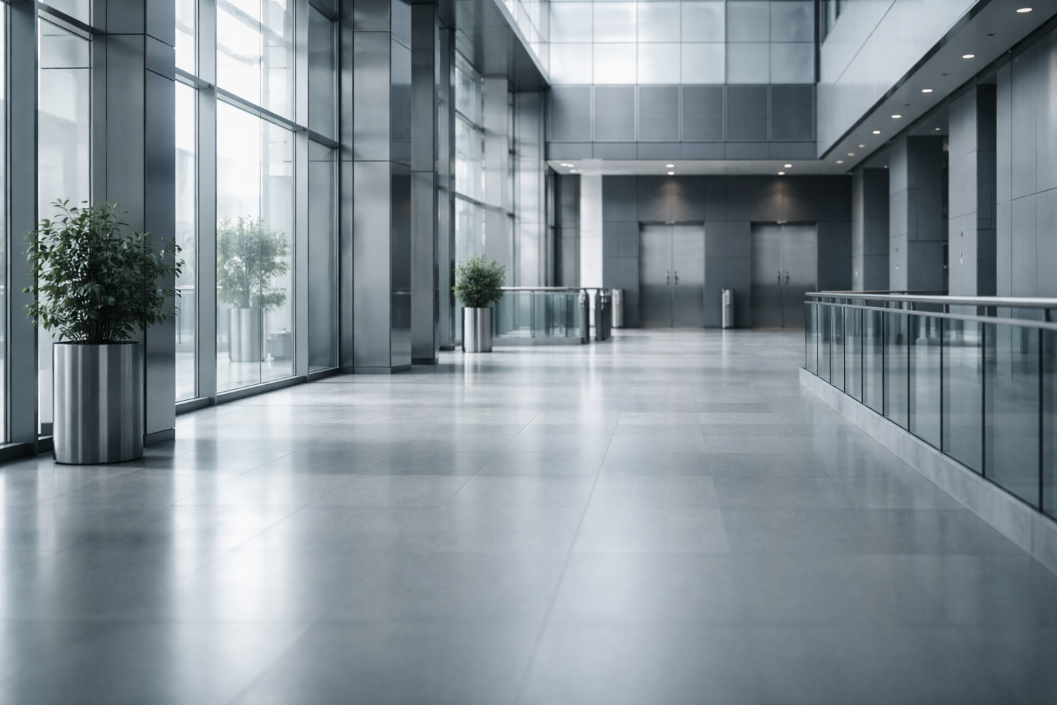The interior of a modern office building with glass walls and steel fixtures bathed in natural daylight from windows.