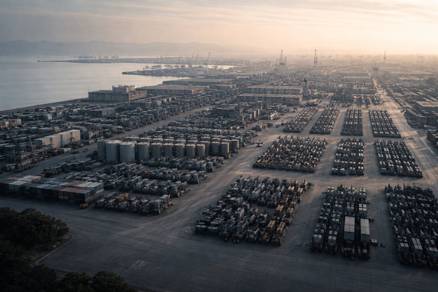 Overhead view of an industrial manufacturing or logistics facility with organized rows of equipment and containers bathed in cool morning light.