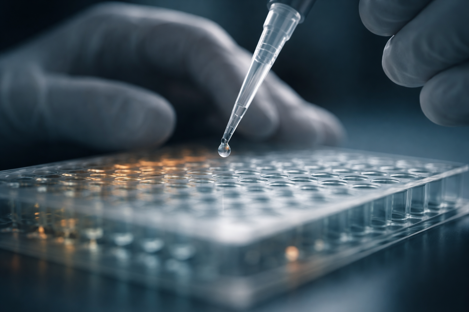 Gloved hands use a pipette above a clear microplate, with a sharply focused droplet against softly blurred laboratory light.