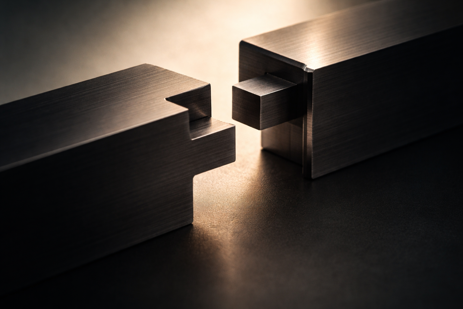 Two closely aligned machined metal forms appear in silhouette against a softly glowing frosted background, with open dark space below.