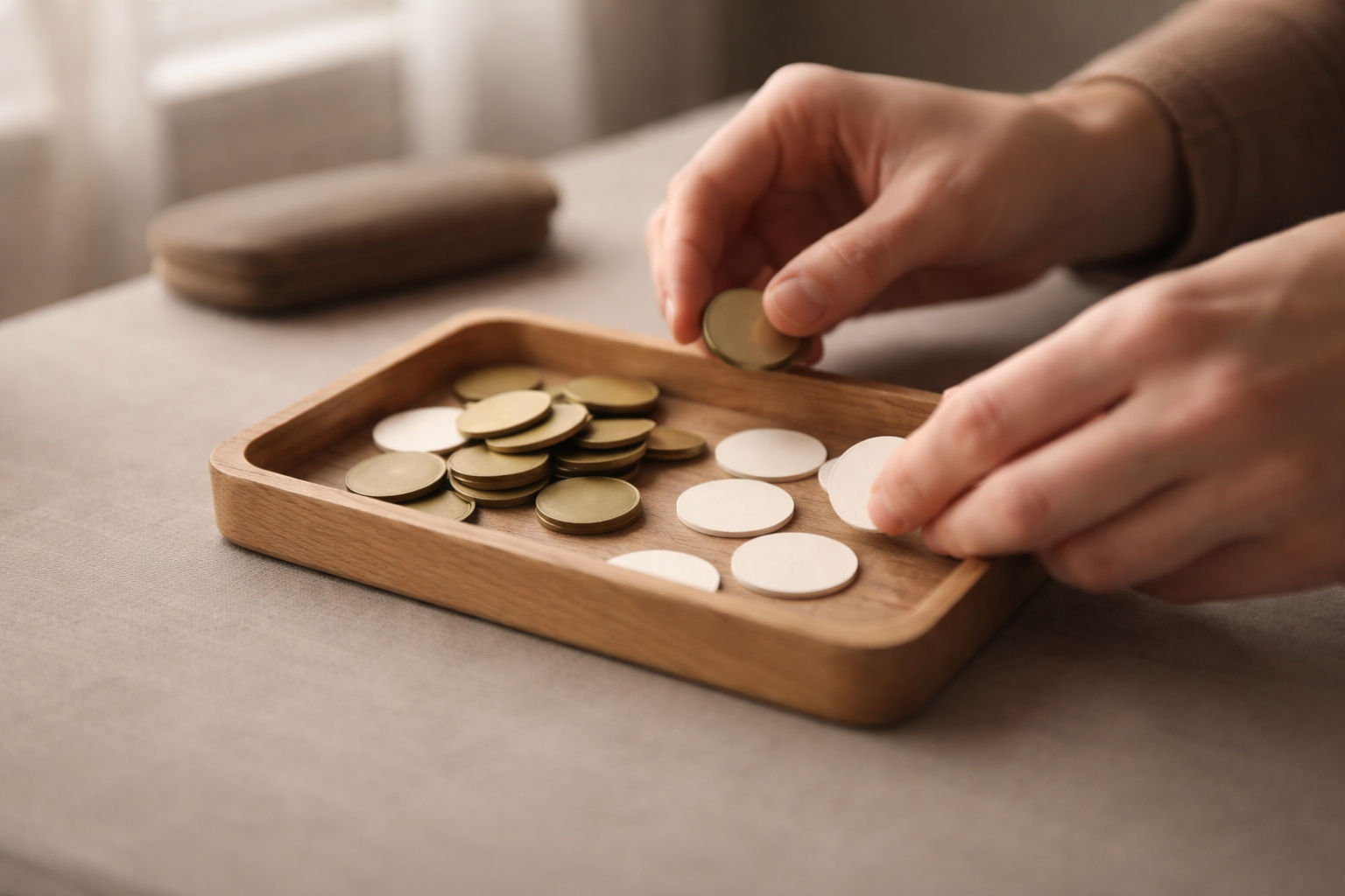 Extreme close-up macro of anonymous hands placing unbranded brass counters and paper tokens into a shallow wooden tray, soft light and shallow depth of field, subject in upper two thirds with lower area kept empty.