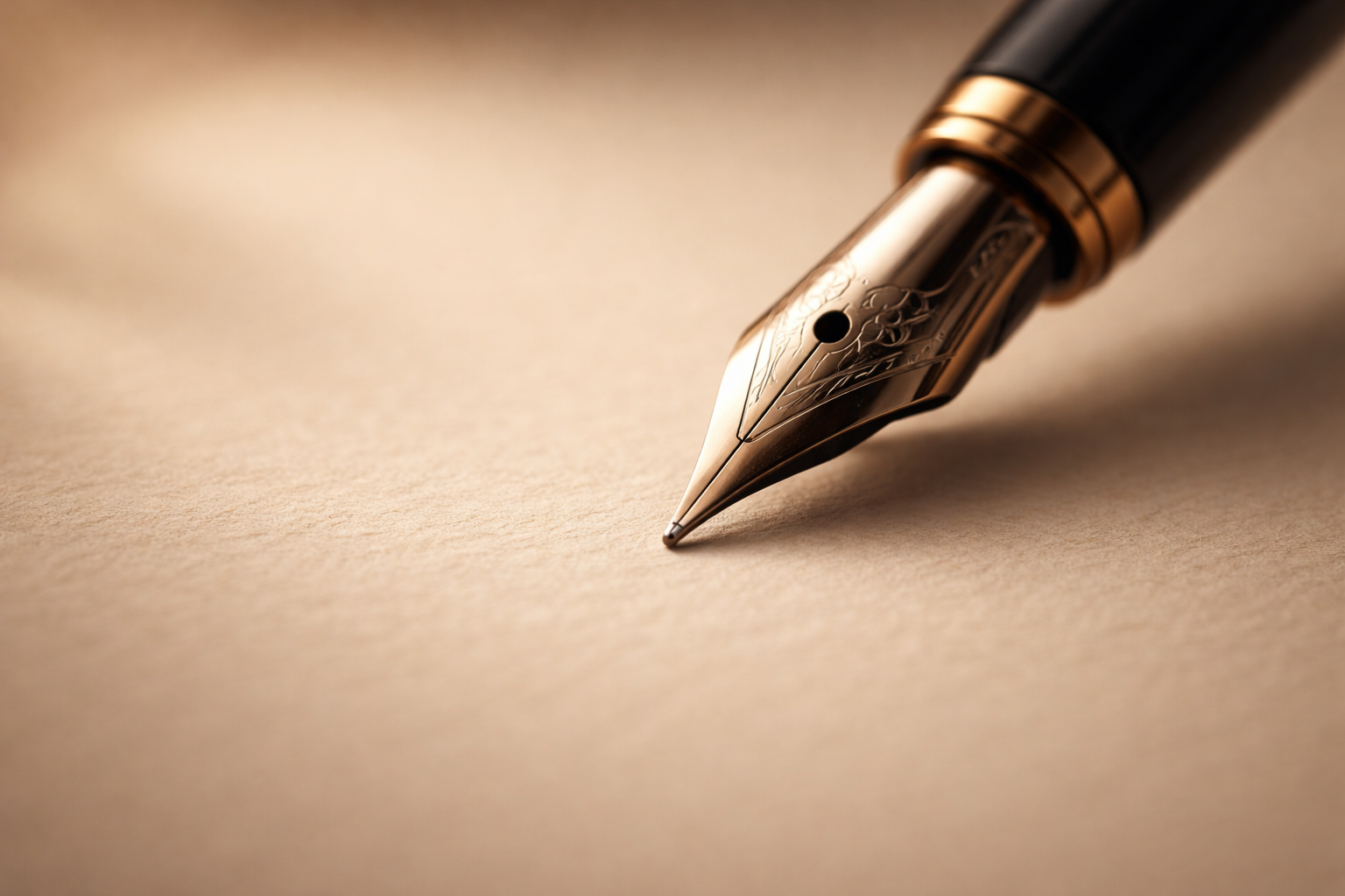 A fountain pen poised on textured paper, photographed in close-up with shallow depth of field and warm, directional lighting.