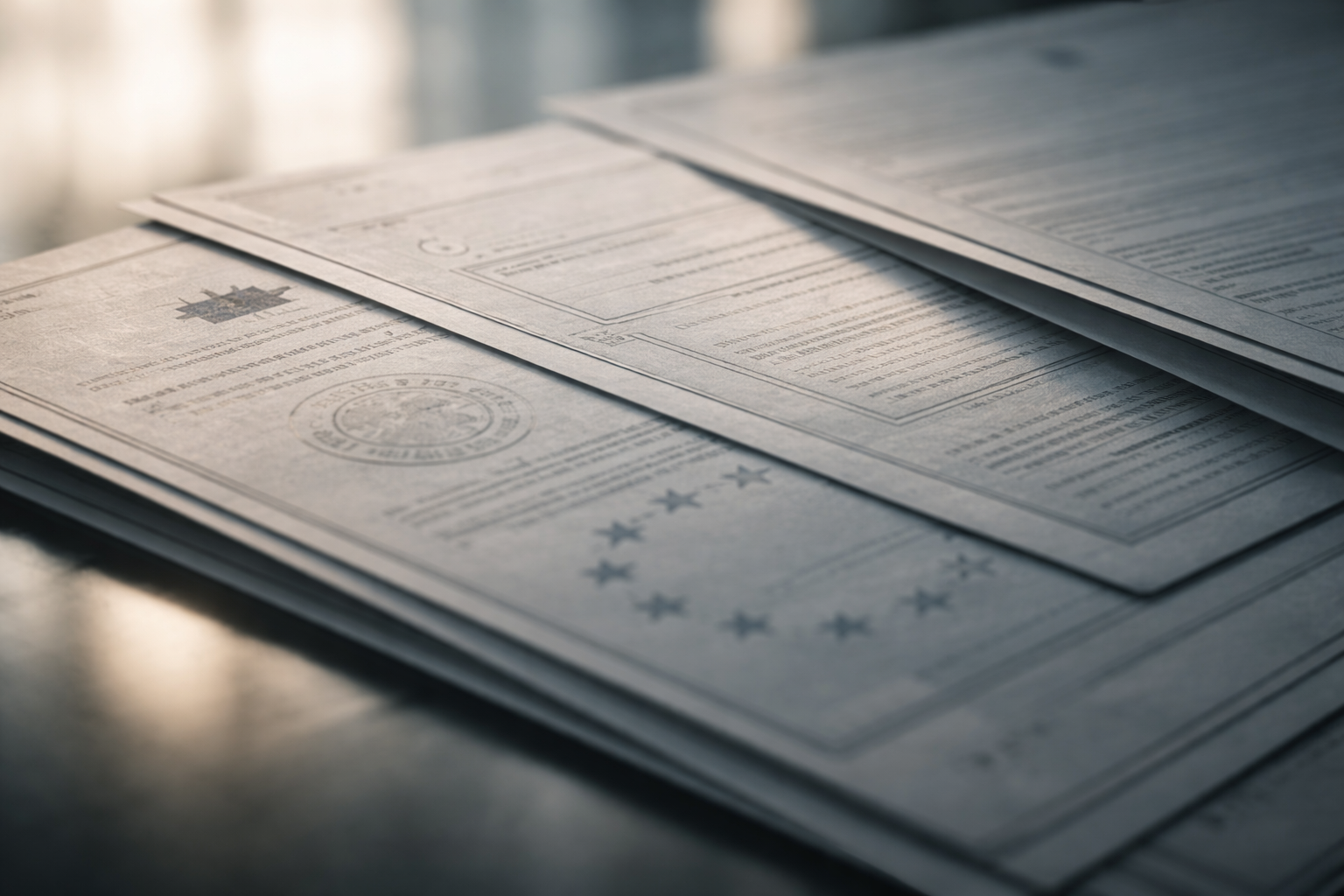Close-up macro photograph of overlapping official documents reflected on a polished surface, with soft directional light creating texture and depth across paper and ink.