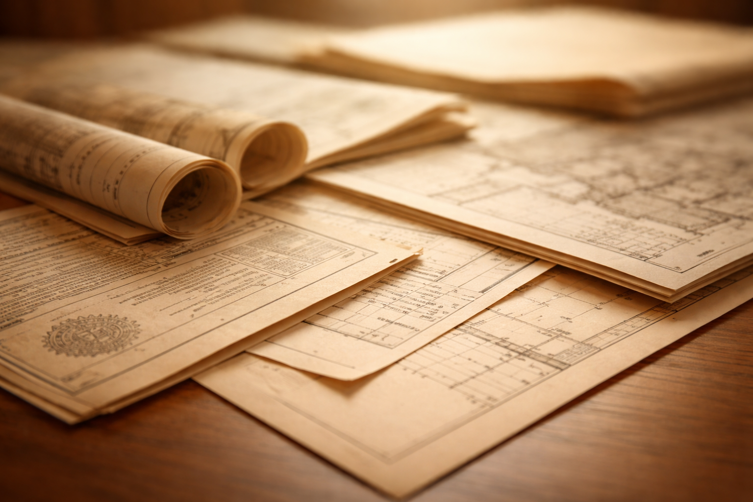 A low-angle macro photograph of overlapping property documents and official papers with soft shadows, shot on warm wood tones with shallow focus.