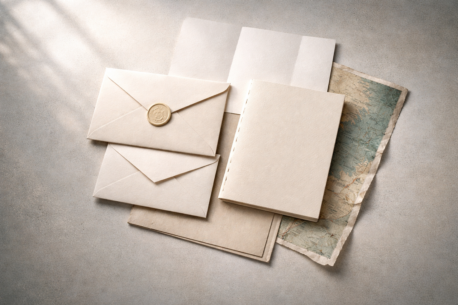 Top-down high-angle photograph of a neat cluster of blank documents, sealed envelopes, an embossed seal and a textured map fragment on a wooden desk, lit by soft window light with the lower third left intentionally empty.