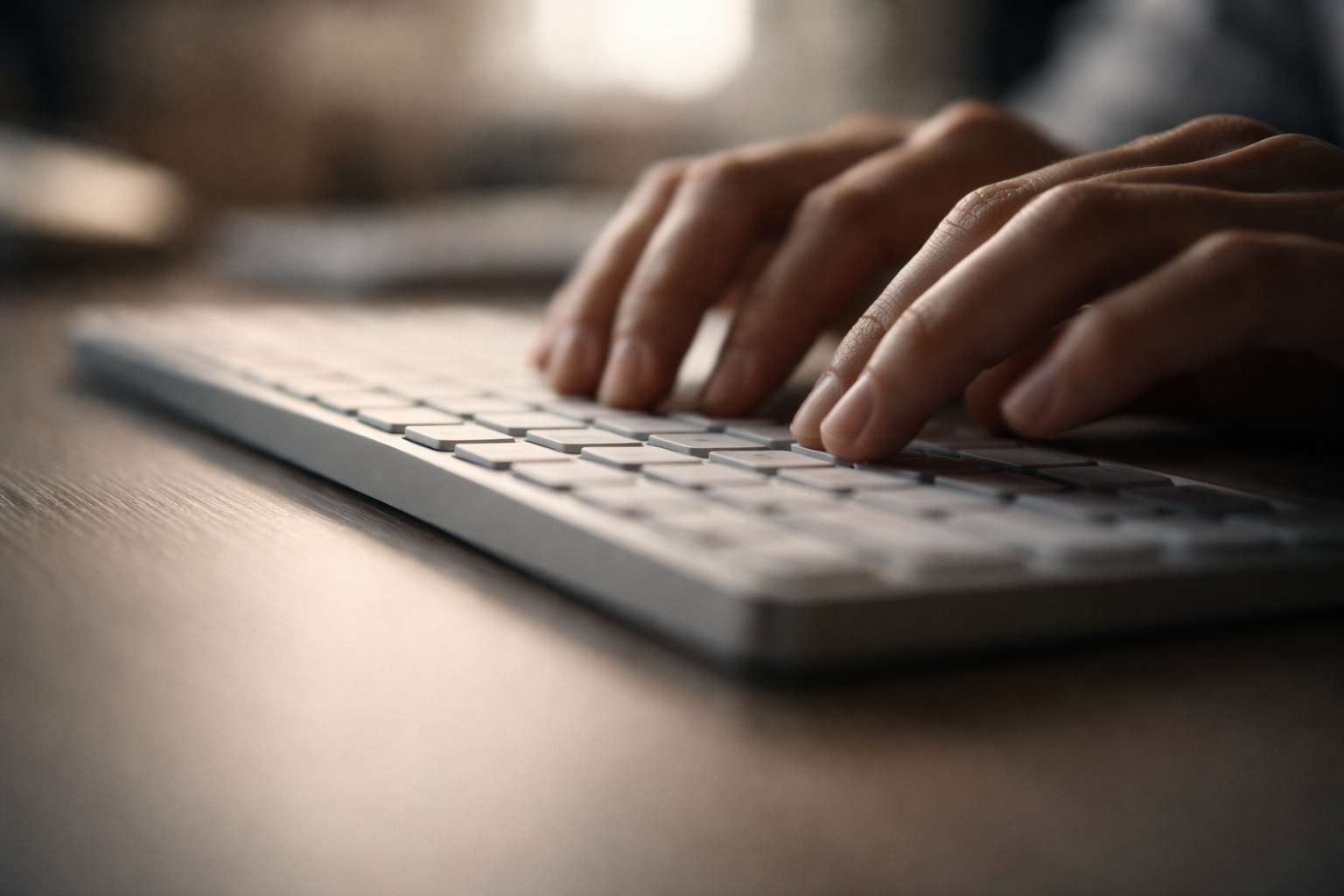 Close-up detail of computer keyboard and fingertips under warm light, suggesting financial data work and analysis.