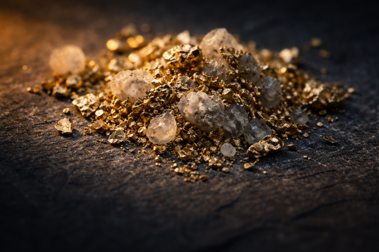 Extreme close-up of crushed gold-bearing quartz and metallic flakes on a dark slate surface, warm golden highlights on the central grains and a soft, blurred dark lower third.