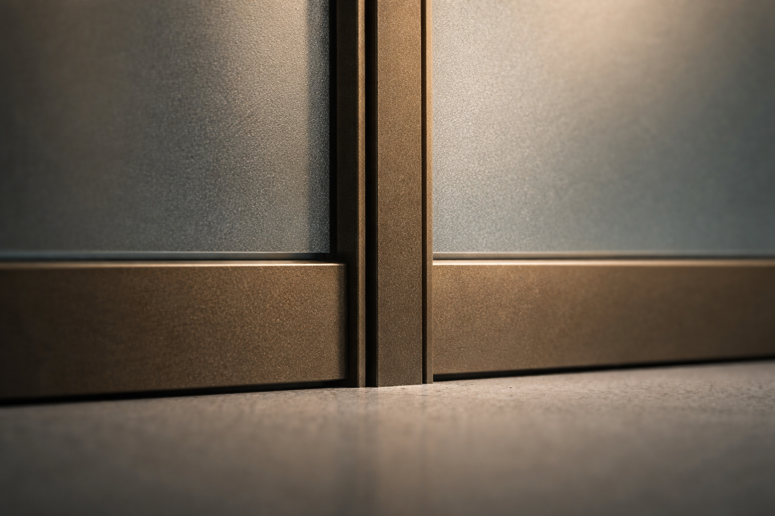 Macro photograph of a matte bronze vertical mullion meeting a frosted glass panel on a modern building façade, softly lit by morning light with shallow depth of field and a blurred, uncluttered lower third.