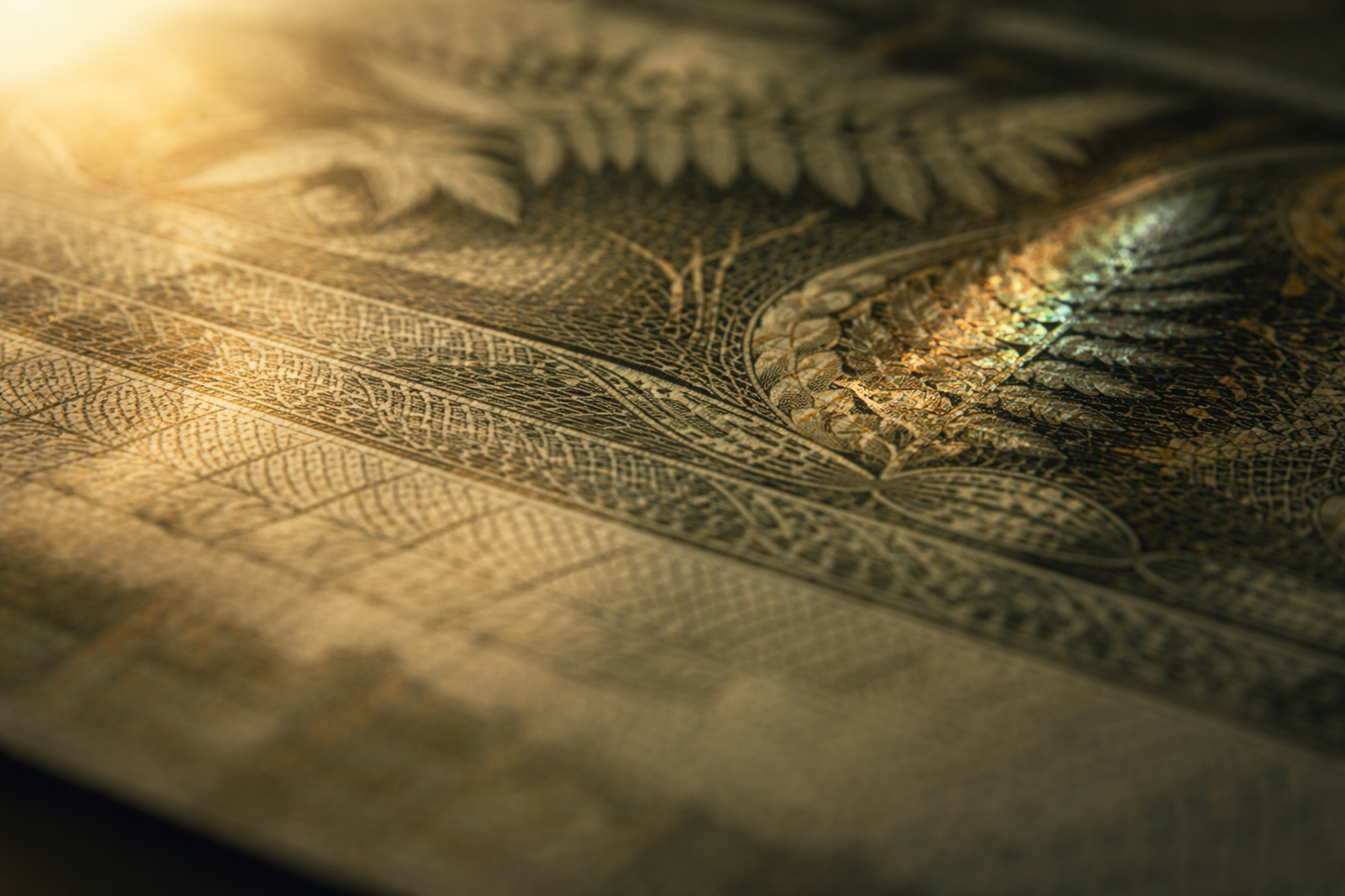 Macro photograph of fine details on a New Zealand banknote, showing intricate security printing and textures in soft natural light.
