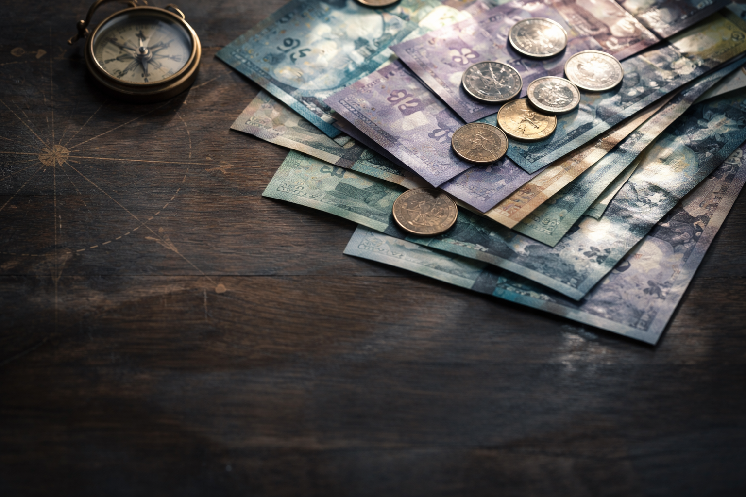 Canadian currency and coins arranged on a wooden surface, lit with soft natural light, evoking themes of international trade and capital movement.