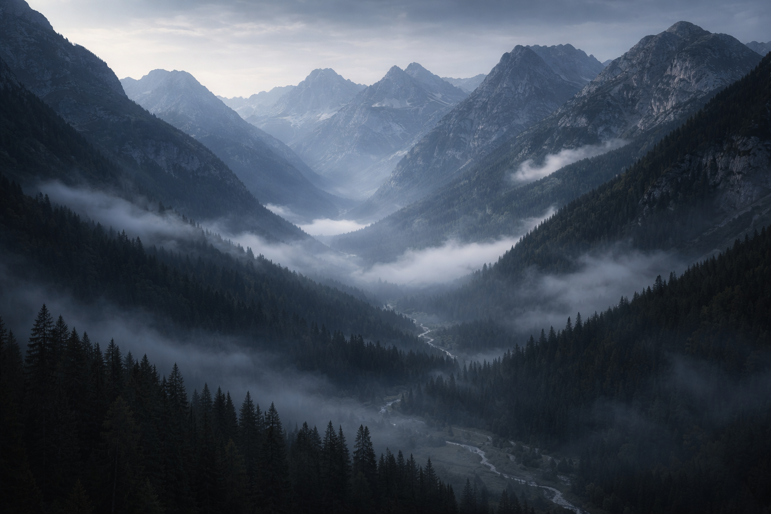 Misty mountain valley at daybreak, with forested peaks receding into soft grey-blue light beneath low cloud cover.
