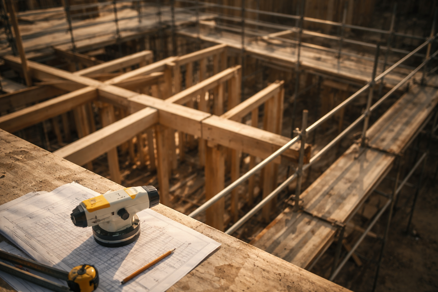 Overhead view of a construction site with wooden beams, metal scaffolding, and a surveyor's level resting on blueprints in soft morning light.