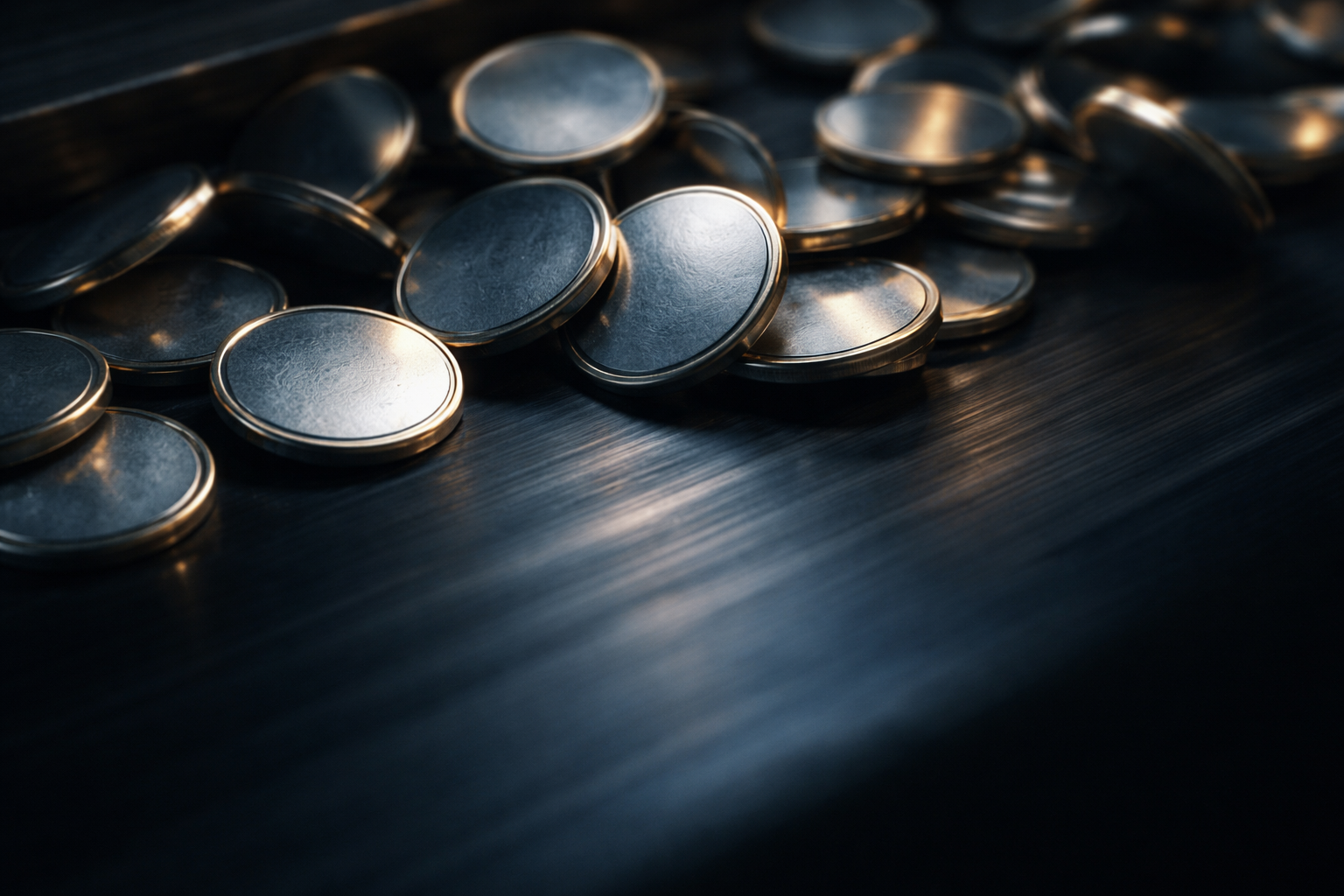 Tight motion-detail photograph of unbranded metal coin blanks tumbling on a dark conveyor, rim-lit with cool blue tones and warm highlights, subject centered in the upper two-thirds and the lower third left uncluttered.