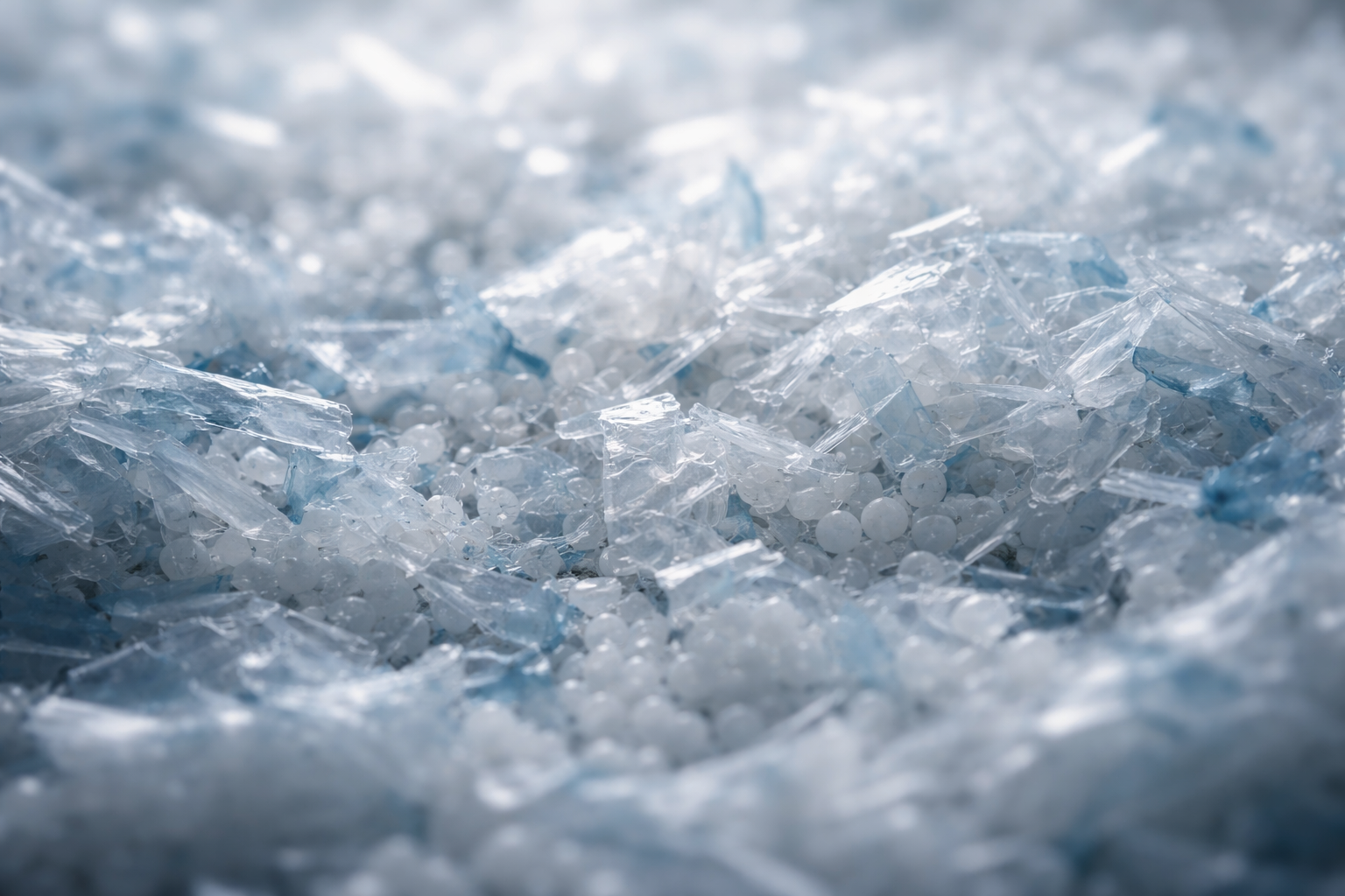 Close-up low-angle view of translucent recycled plastic material illuminated by soft side light, showing layered texture and depth.