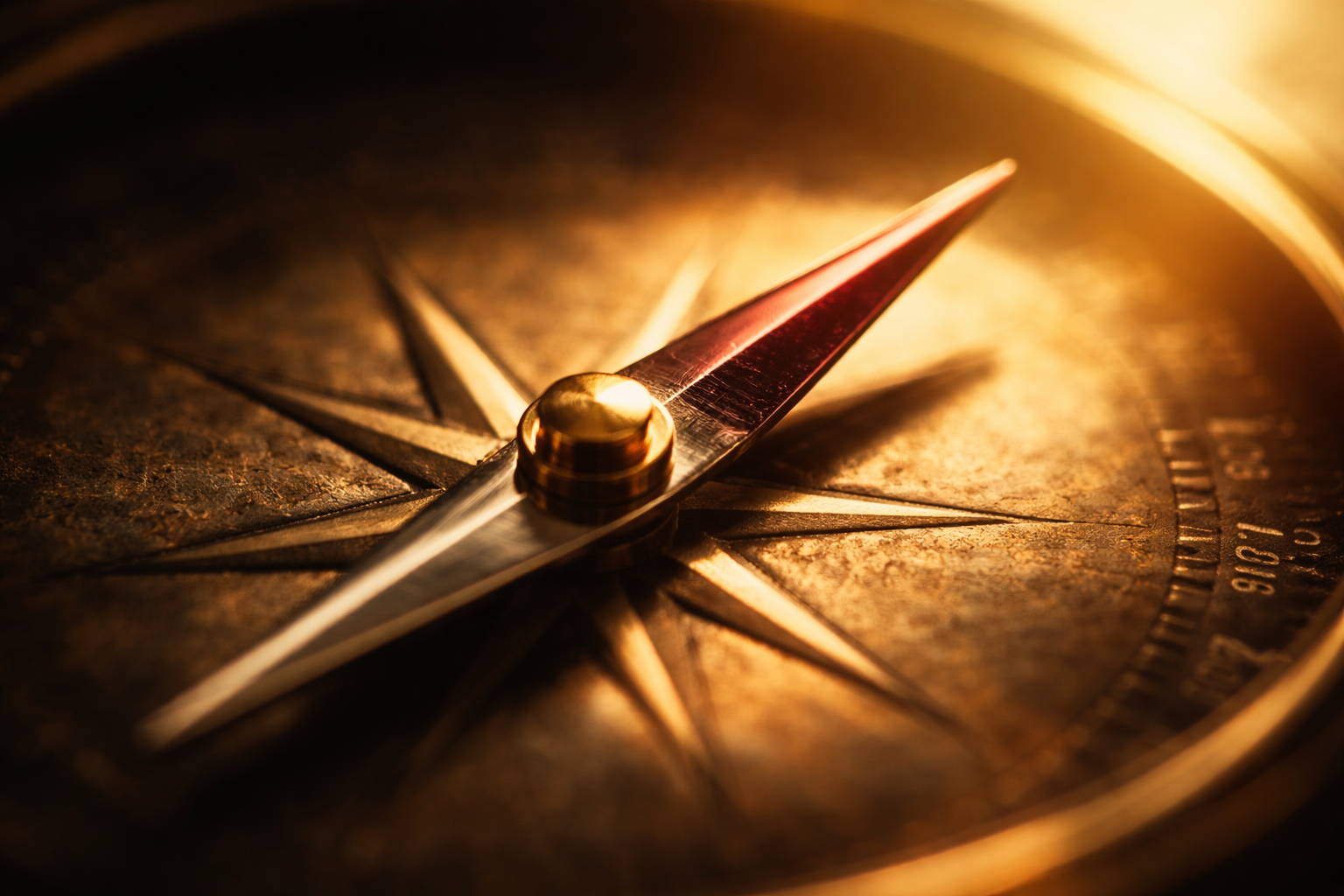 A close-up of a compass needle pointing upward in golden light, resting on a textured metallic surface.