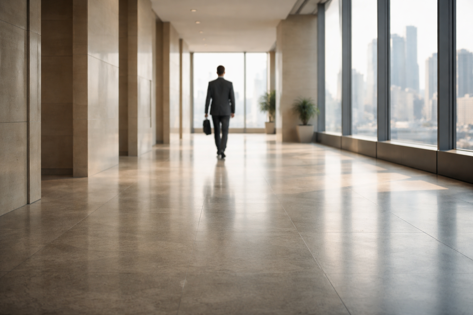A figure in business dress walks alone through a sunlit institutional corridor with marble walls and windows overlooking a city.