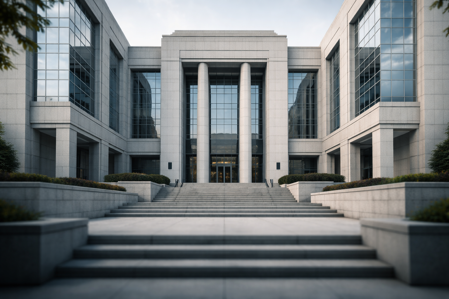 A sunlit municipal or government building photographed from below, showing classical institutional architecture with clean geometric lines and a calm, professional atmosphere.